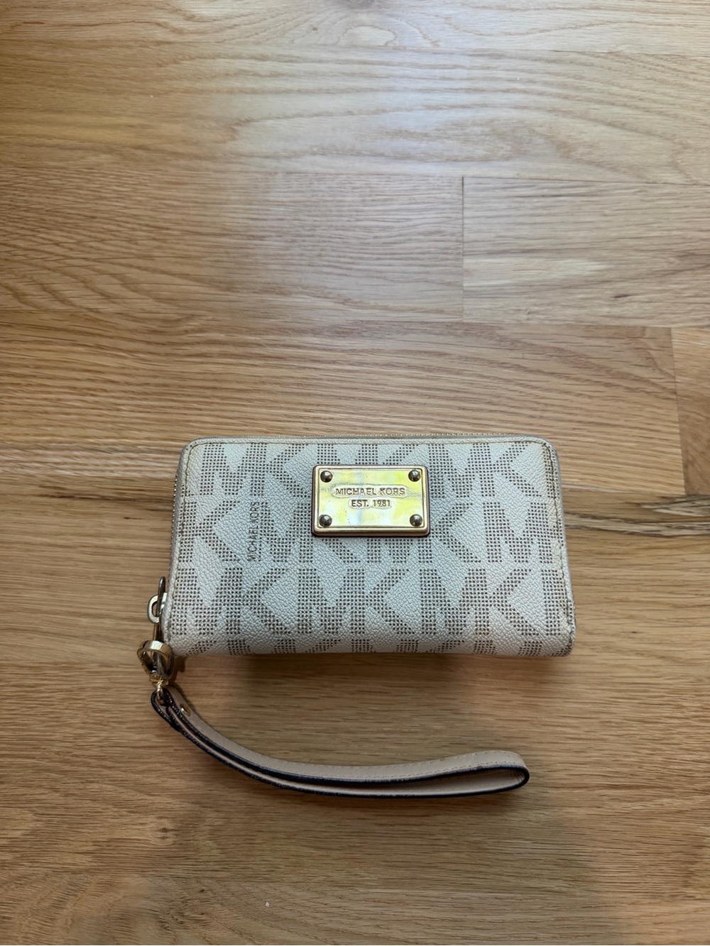 Michael Kors Beige Logo Wristlet with Gold Hardware